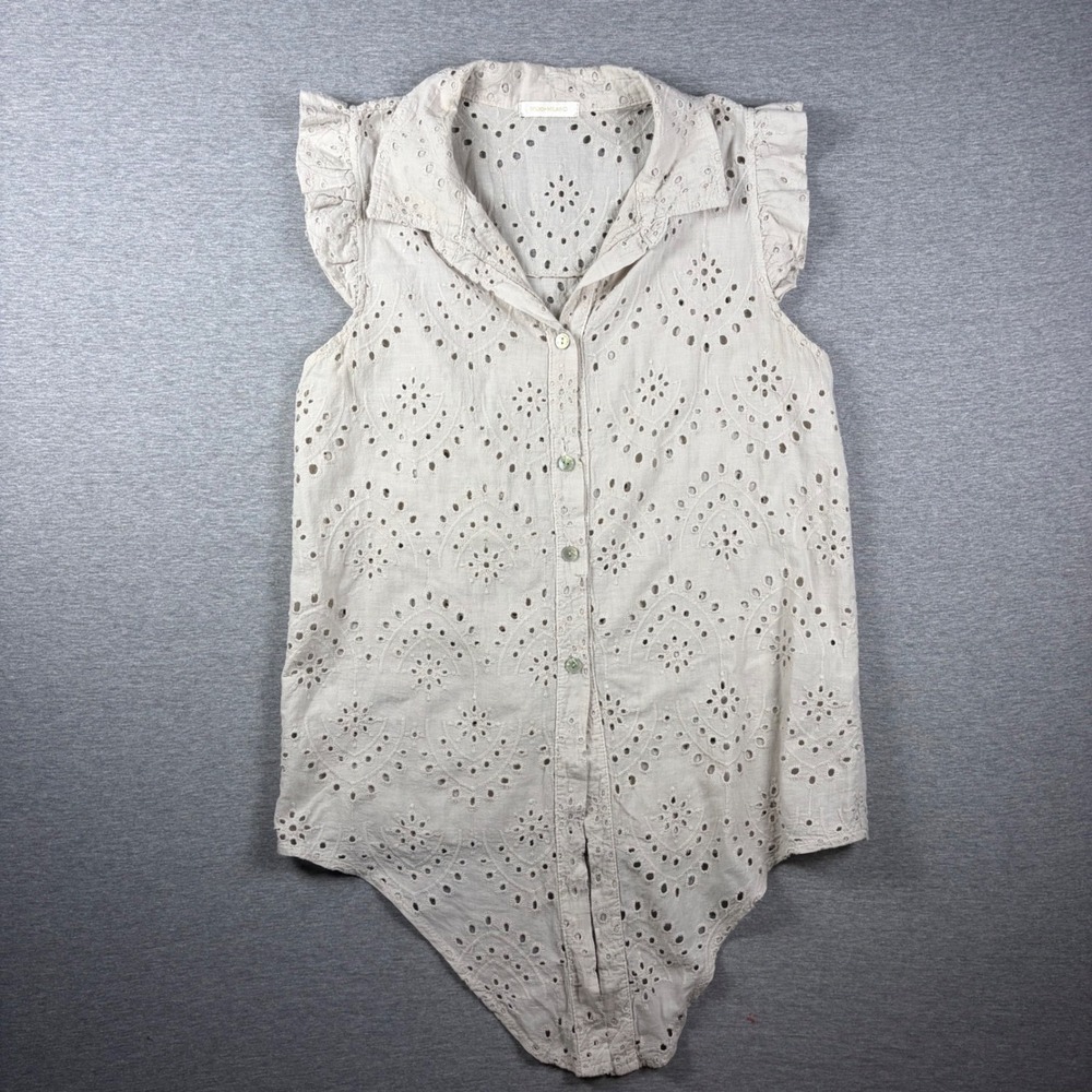 Milio Milano Blouse Women S Beige Eyelet Linen Ruffle Sleeve Tie Front Italy